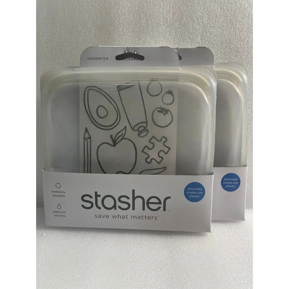 NEW Stasher Reusable Platinum Silicone Sandwich Storage Bag Clear Set of 2